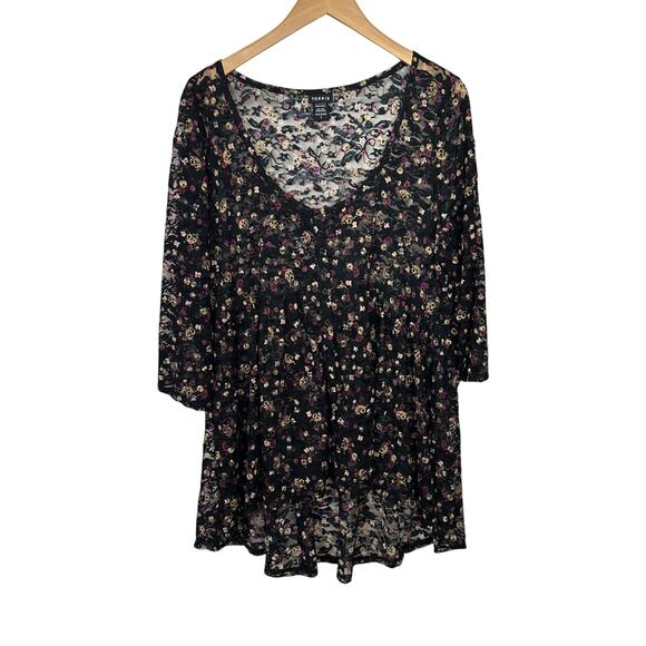 torrid Tops - Torrid Dark Fairy‎ Floral Tunic  2X Button Up Scoop Sheer Stretch Lace Romantic
